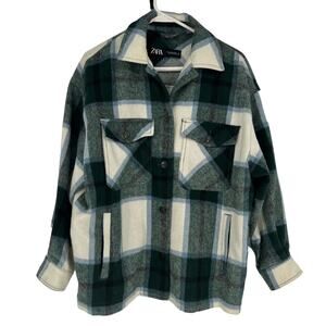 Zara Plaid Cropped Wool Blend Green Blue Cream Jacket Shacket Shirt Size Small